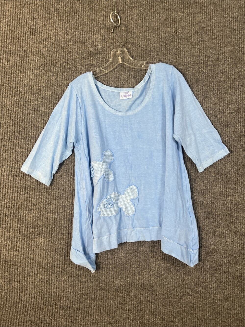 Mimi Cotton Shirt Womens Small Medium Blue Floral Artsy Asymmetrical Lagenlook
